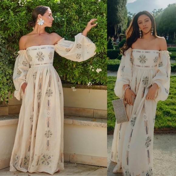 Agua by Agua Bendita Alheli Chivas Embroidered Linen Puff Sleeve Maxi Dress